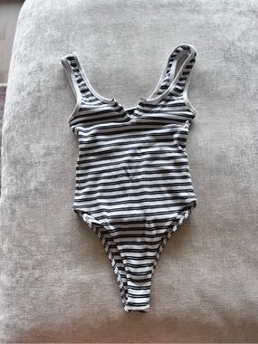 Zara White and Black Striped Tank Bodysuit